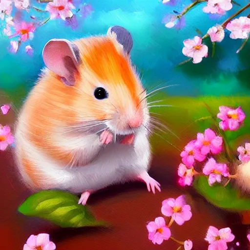 Prompt: beautiful oil painting of a hamster sitting in a colorful wide field full of cherry blossoms, artstation, high details