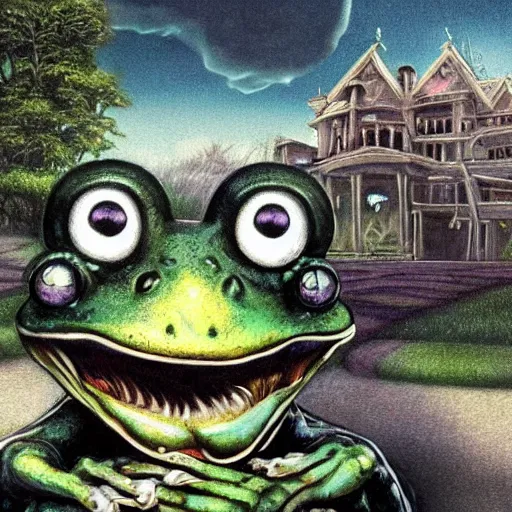 Image similar to A portrait of a scary godlike anthropomorphic frog smoking a cigarette , mansion made of mushrooms in background . award winning. superb resolution. in the art style of junji Ito and greg rutkowski . Detailed Mushroom city in background. Hyper realistic anime. Perfect art. Dalle2