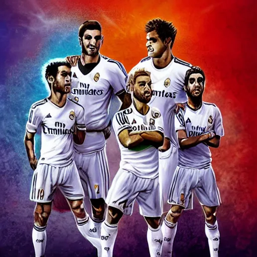 Image similar to Real Madrid football players drawn as football gods. unreal 5. Award-winning. Realistic. High detail. Soccer. Digital art.