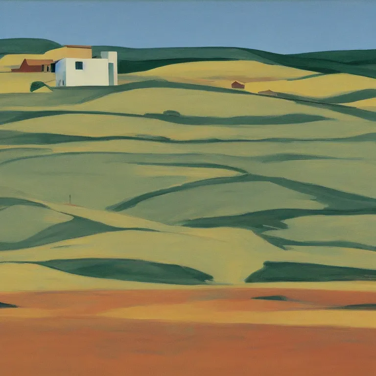 Image similar to dreaming futuristic rural landscape with modern houses, painted by Alex Katz, painted by Edward Hopper, airbrush