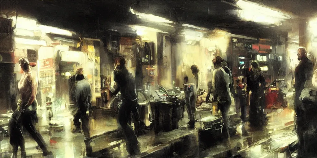 Image similar to underground flea market by phil hale, artstation contest winner. blade runner, dark and moody. detailed paint, photorealistic