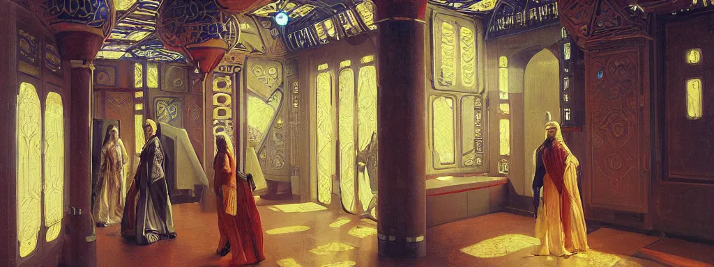 Prompt: sci - fi space ship corridor interior with windows to outer space, with middle eastern interior aesthetic, computers and digital monitors, neon lights, islamic interior design, futuristic beautiful android women wearing knight armour, orientalist painting, by antoine jean gros, theodore chasseriau, pre - raphaelite brotherhood, oil painting on canvas, masterpiece,