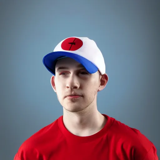 Image similar to a full body shot of an average white, short young - adult man with blue dyed hair, wearing a red backwards cap, white t - shirt with a red no symbol on it, blue long pants and red shoes, holding a microphone, studio lighting, photoshoot, grey background