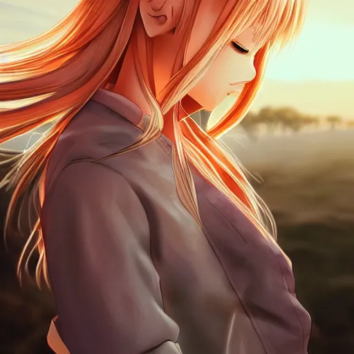 Image similar to blonde - haired princess, anime princess, wearing casual clothing, golden hour, partly cloudy sky, red clouds, orange sky, strong lighting, strong shadows, vivid hues, ultra - realistic, sharp details, subsurface scattering, intricate details, hd anime, 2 0 1 9 anime