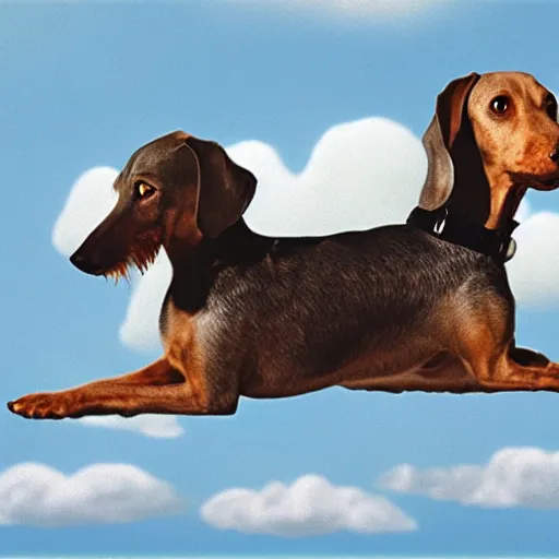 Image similar to an elderly, grey wire-haired dachshund floating in heaven, blue sky, surrounded by beautiful white clouds, with a halo over his head