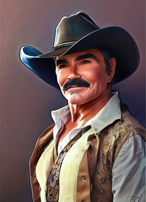 Image similar to burt reynolds wearing cowboy hat, painting by artgerm and greg rutkowski and alphonse mucha