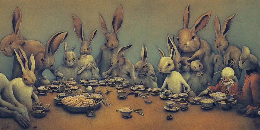 Image similar to Bunny Family Dinner painting by Beksinski