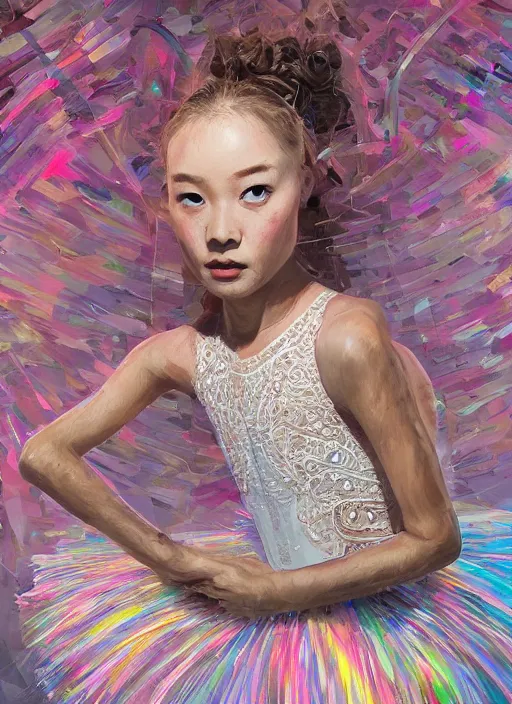 Image similar to portrait of a beautiful ballerina in a tutu. perfect symetrical face, smooth. focus. intricate abstract. intricate artwork. by tooth wu, wlop, beeple, dan mumford. trending on artstation, greg rutkowski very coherent symmetrical artwork. cinematic, hyper realism, high detail, iridescent accents