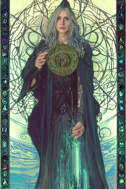 Image similar to tarot card, 4k HD digital full body portrait of beautiful regal elven king, long white hair, black paper, vivid colors, wheel of sigils in the background, by Alphonse Mucha, Craig Mullins, Marc Simonetti, Artstation