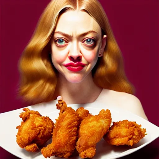 Image similar to epic professional digital award winning food photo of fried chicken shaped like amanda seyfried., artstation, cgsociety, epic, stunning, gorgeous, much wow, much detail