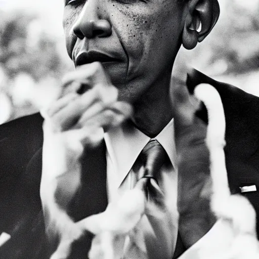 Prompt: obama with shrimp tails in nose portrait nikon film photo 8 5 mm