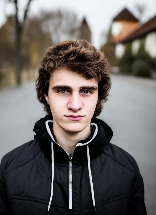 Prompt: a personal close up portrait of a 2 0 year old man from switzerland, his hair is brown and short, his eyes are green, his face is symmetric and friendly, he's proud to be where he is in life, black jacket, ambient light, beautiful composition, magazine, full frame, 5 0 mm, f 1. 8