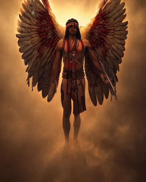 Prompt: a south american indigenous warrior with angelic wings, by tsuyoshi nagano, by greg rutkowski, dramatic lighting, blood, god rays, angelical, symmetrical, intricate, detailed, cinematic, masterpiece, extreme details, volumetric light