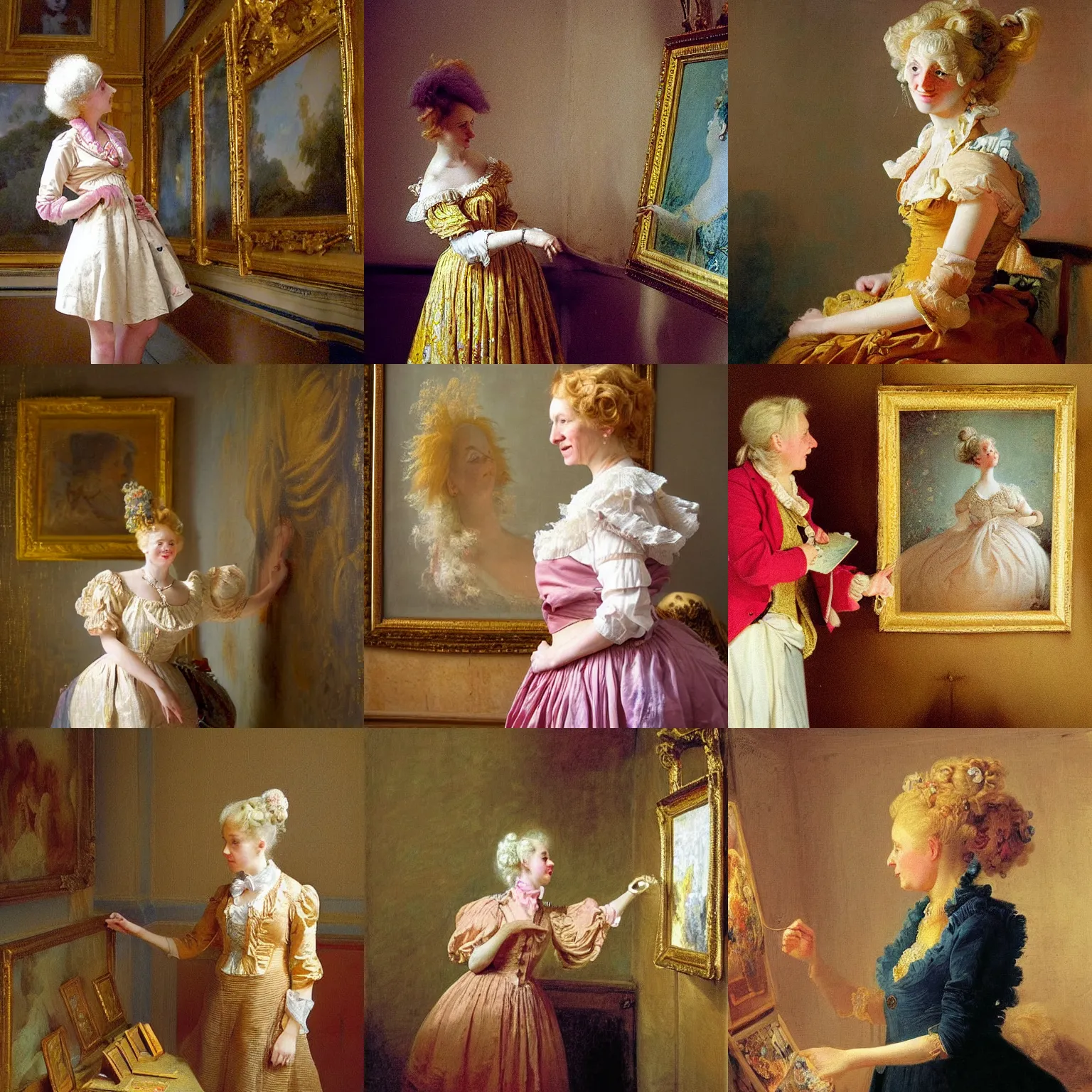 Prompt: a female museum curator with light gold hair, cheerful, colorful dress, is ( ( looking at portraits on a wall ) ). light dust, magnificent, hyperdetailed, theatrical, painted by jean honore fragonard