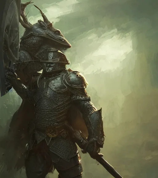 Prompt: a frog knight holding a shield, battle armor, atmospheric lighting painted intricate volumetric lighting, beautiful, sharp focus, ultra detailed by leesha hannigan, ross tran, thierry doizon, kai carpenter, ignacio fernandez rios