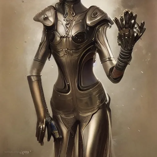 Image similar to tom bagshaw, curiosities carnival, photorealistic medium shot soft paint of a single beautiful cosplay full long futuristic metallic armor very tight metal ornate face, gynoid body, accurate features, focus, very intricate ultrafine details, award winning masterpiece