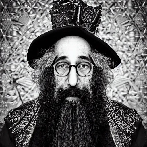 Prompt: Award Winning Highly Detailed Portrait Photo by Lee Jeffries of beautiful Hassidic Rabbi with hyper-defined features decorated sitting in a shining Filigree throne designed by Gaudi, Silks, Furs, ermine, wide-angle long shot, gelatine silver process