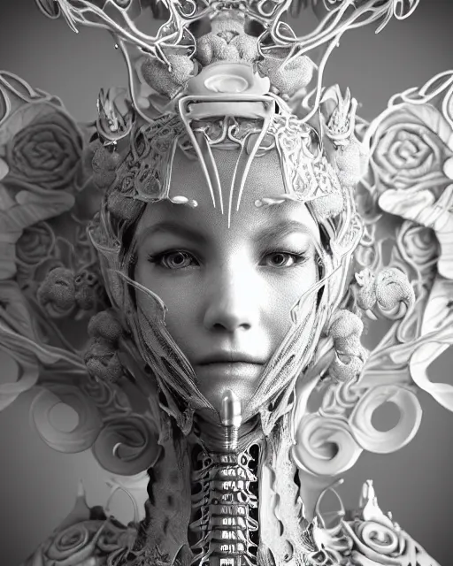 Image similar to bw dreamy close - up profile face, beautiful young porcelain intricate steampunk bio - mechanical vegetal - dragon - cyborg - female, white roses ornate metallic armour, white fluffy feathers, fine mandelbrot fractal lace, 1 5 0 mm, soft rim light, elegant, hyper real, ultra detailed, octane render, hg giger, 1 6 k