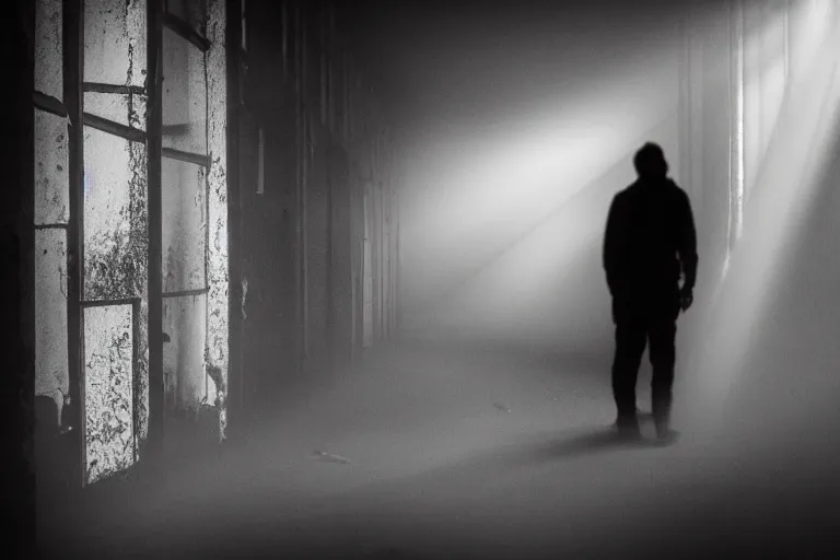 Image similar to a blurry, silhouetted figure stands alone in a creepy derelict corridor. broken windows light rays volumetric fog creepy at night. grainy footage