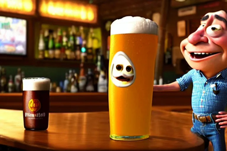 Image similar to a anthropomorphic pint of beer, pixar, who is a customer, waits to be served by a bartender,