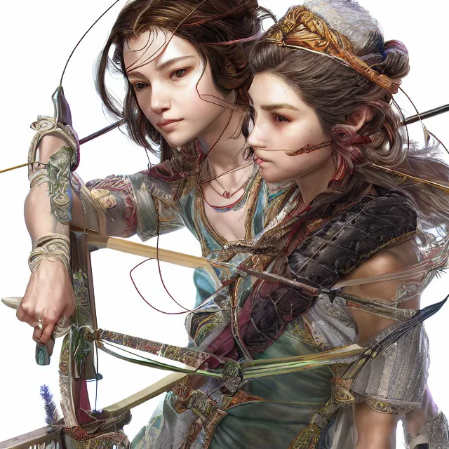 Image similar to the portrait of lawful neutral semi - colorful female archer huntress as absurdly beautiful, gorgeous, elegant, young girl, an ultrafine hyperdetailed illustration by kim jung gi, irakli nadar, intricate linework, bright colors, octopath traveler, final fantasy, unreal engine 5 highly rendered, global illumination, radiant light, detailed and intricate environment