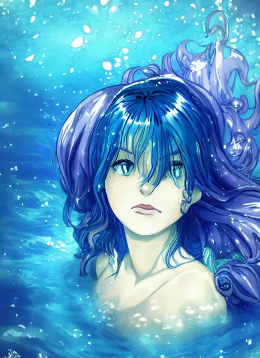 Prompt: a woman with blue hair sitting underwater, a beautiful anime drawing by yuumei, featured on pixiv, rayonism, pixiv, seapunk, very anime anime!! detailed