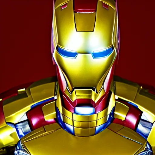 Image similar to a close up photo of a detailed golden statue of Iron Man, 8K,