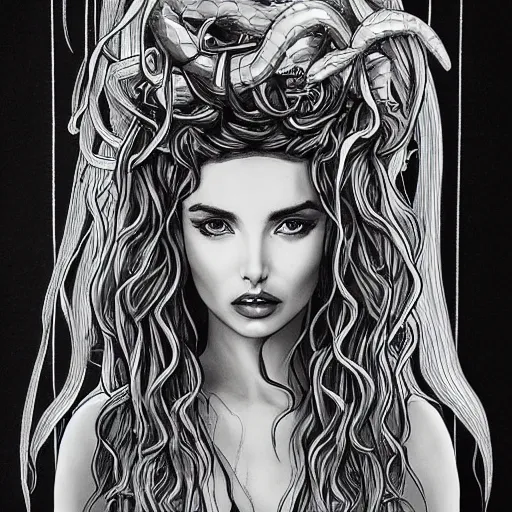 Image similar to ana de armas portrait as medusa from greek mythology, living venomous snakes in place of hair, ink drawing, trending on artstation, by alphonso dunn