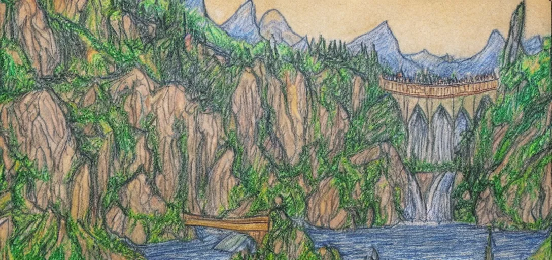 Image similar to Rivendell poorly drawn in crayon by a five-year old