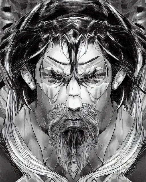 Image similar to An old man looking into a mirror, black and white, fantasy art, in the style of masami kurumada, illustration, epic, fantasy, intricate, hyper detailed, artstation, concept art, smooth, sharp focus, ray tracing