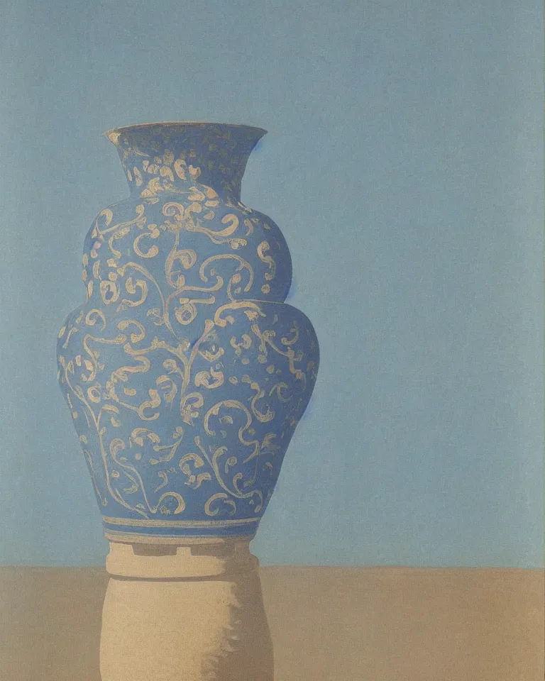 Prompt: achingly beautiful print of one painted ancient greek vase on baby blue background by rene magritte, monet, and turner. symmetrical.