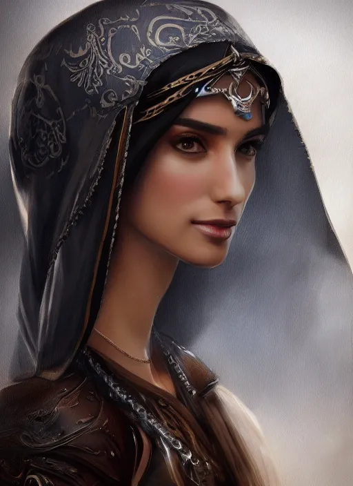 Prompt: Beautiful Arab Ameera Al taweel, blue eyes, leather, portrait, fantasy, medieval, oil colors, elegant, concept art, sharp focus, beautiful face, digital art, Hyper-realistic, 4K, Unreal Engine, Highly Detailed, HD, Dramatic Lighting by Brom, trending on Artstation