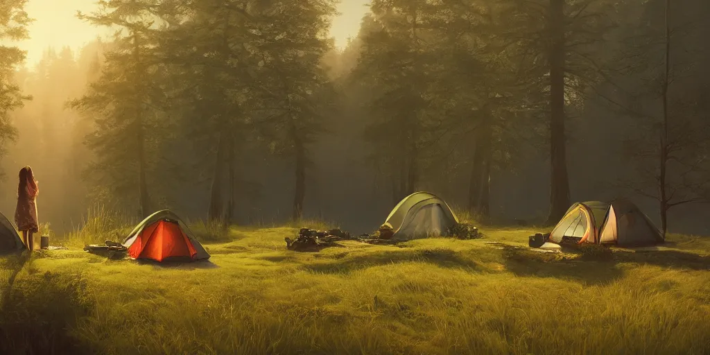 Image similar to looking out a window to see two women camping, elegant scene, low angle, wide angle, indian forest, wide angle, cinematic, ultrarealistic, trending on artstation, cgsociety, highly detailed, color graded, rendered in unreal engine 4 k hq, matte painting, by simon stalenhag and hudson river school, horizon forbidden west