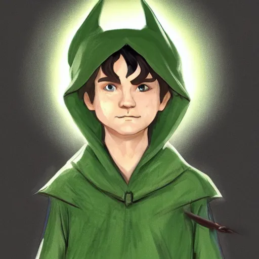 Image similar to a concept art of a cute hobbit boy wearing a dark green cloak with a hood that has fox ears on it holding a fox, trending on artstation, digital art, larry elmore, dungeons and dragons