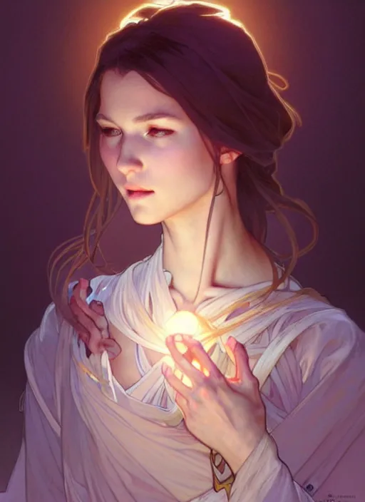 Image similar to digital character concept art by artgerm and greg rutkowski and alphonse mucha. clear portrait of a shy modern wife blessed by god to grow immaculately fertile and perfect!! blonde, in clothes! holy body! light effect. hyper detailed, glowing lights!! intricate, elegant, digital painting, artstation, smooth, sharp focus