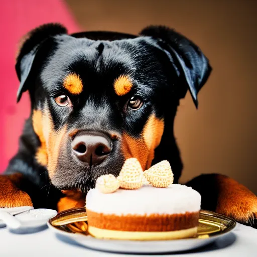 Image similar to a high - quality photo of a cute rottweiler with a half - eaten birthday cake, 4 5 mm, f 3. 5, sharpened, iso 2 0 0, raw, food photography