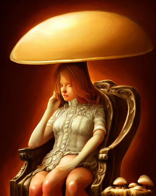 Prompt: portrait of a mushroom sitting in a chair by the fireplace, science fantasy painting, elegant intricate digital painting artstation, art by normal rockwell, detailed