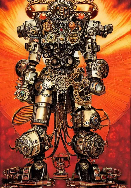 Prompt: steampunk clockwork durga mecha by marek okon designed by alexander mcqueen rendered by masamune shirow and by virgil finlay