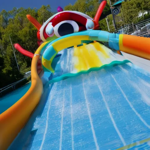 Image similar to a cartoon penguin going down a waterslide