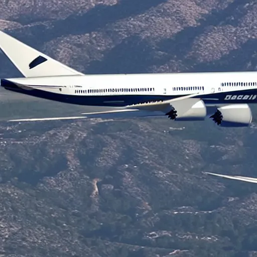 Image similar to vhs footage of a boeing 787 flying overhead