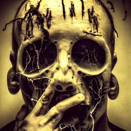 Image similar to a dark occult ritual of wires broken skulls skin and decay, moody, hyper realism, 8 k photo, atmospheric
