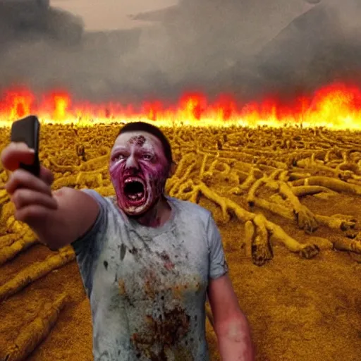 Image similar to selfie of a ukrainian screaming in pain and terrible injuries from a nuclear explosion, everything is on fire and radiation, in the background there are a lot of people like zombies, corpses and skeletons, a large nuclear explosion in the background, people are painted in yellow and blue, all dirty with severed limbs, doomsday