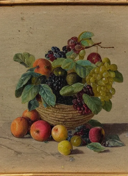 Prompt: a 1 9 th century oil sketch of a basket full of fruit. high quality scan