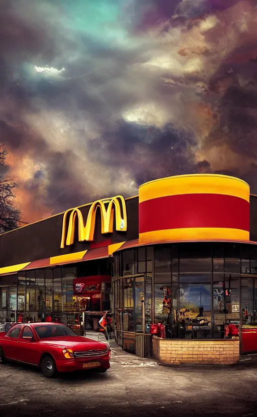 Image similar to beautiful epic photo of uk mcdonalds in an apocalypse. thunder, lightning, fantasy art, hd, hq. very detailed.