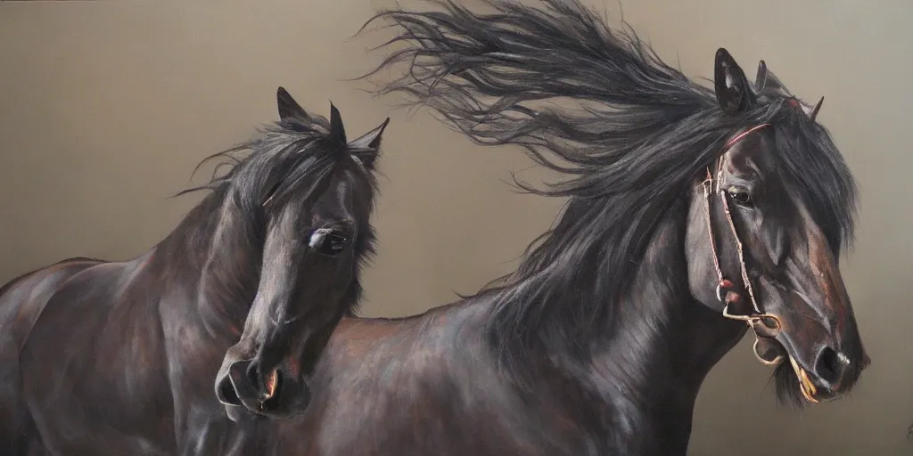 Prompt: black eight legged horse lightning for eyes, majestic, powerful, extreme detail, fine art, oil painting