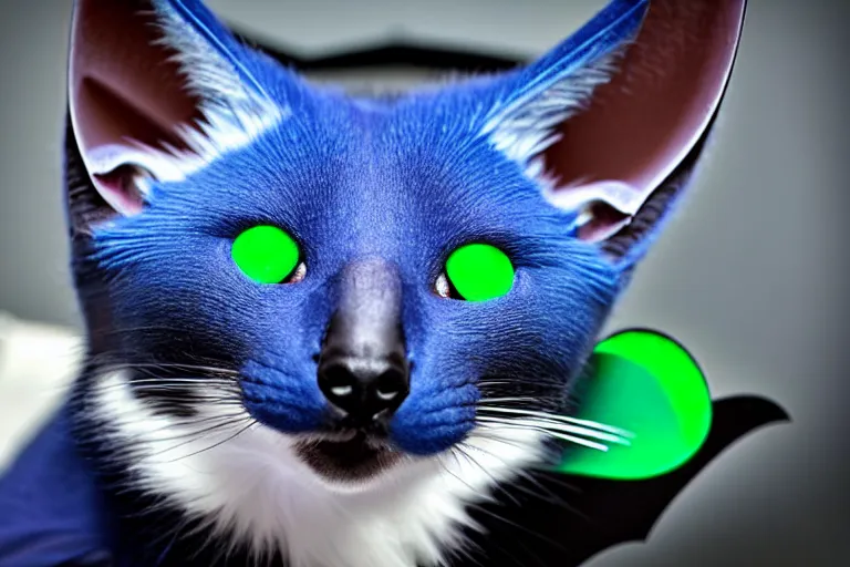 Image similar to a blue - and - black male blue / green heterochromatic catbat fursona with blue / green heterochromatic eyes ( one eye green ) and huge bat ears, photo of the catbat streaming on his computer