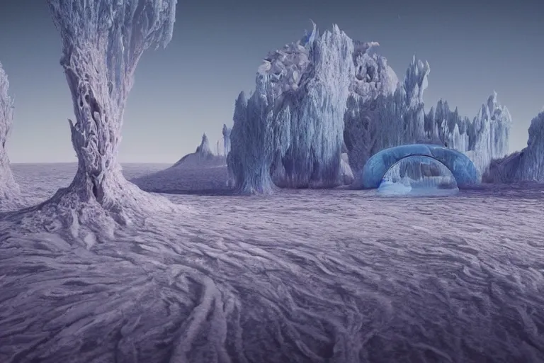 Image similar to a hd render of a surreal frozen landscape, by beeple and salvador dali