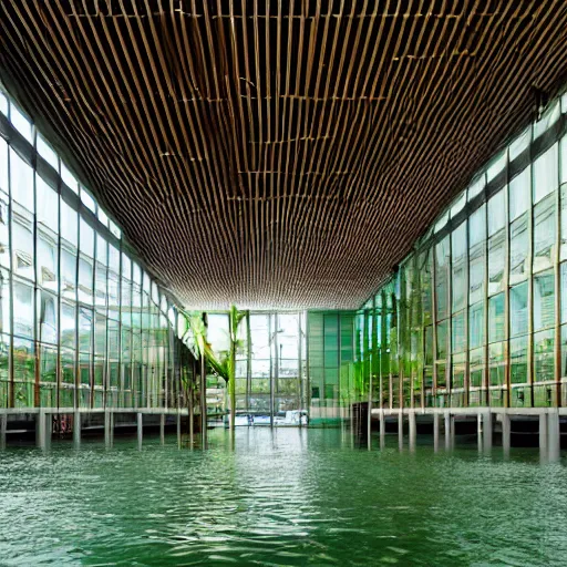 Image similar to professional photgraphy of a museum flooded with green water, water plants and lillies, wooden piers inside, great architecture by renzo piano, ambient light