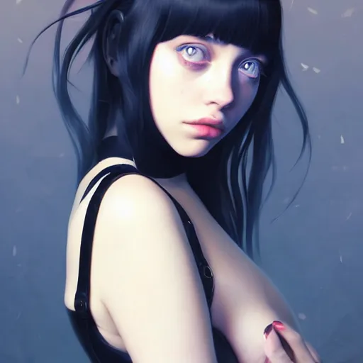 Image similar to a beautiful billie eilish kat dennings alluring gravure model in elaborate latex tank top, by guweiz and wlop and ilya kuvshinov and artgerm and makoto shinkai and studio ghibli, symmetrical eyes, aesthetic, gorgeous, stunning, alluring, attractive, artstation, deviantart, pinterest, digital art