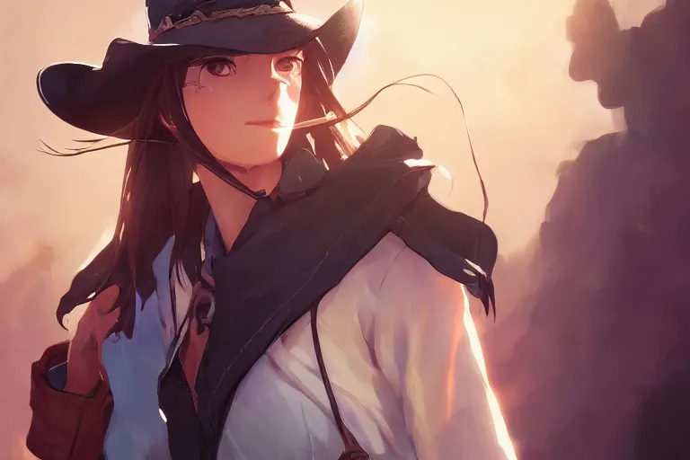 Image similar to western cowgirl, single centered subject, mid shot, ambient lighting, detailed face, by makoto shinkai, stanley artgerm lau, wlop, rossdraws